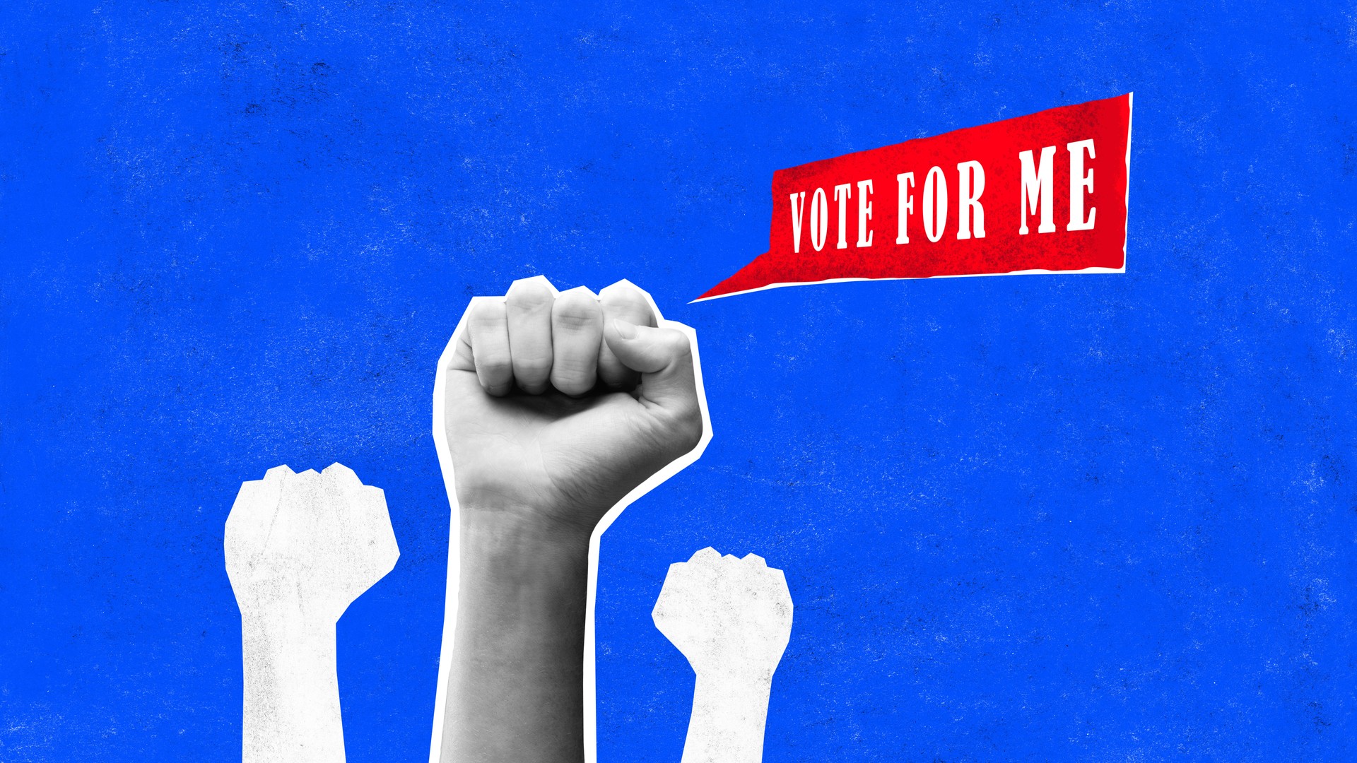 Contemporary art collage. Black and white fist with speech bubble that reads vote for me on blue background. Concept of voting process.